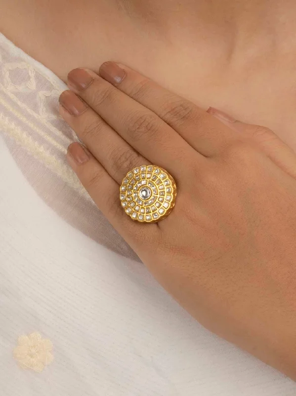 women’s platinum rings-White Color Gold Plated Thappa Jadau Kundan Ring - TJ-R48