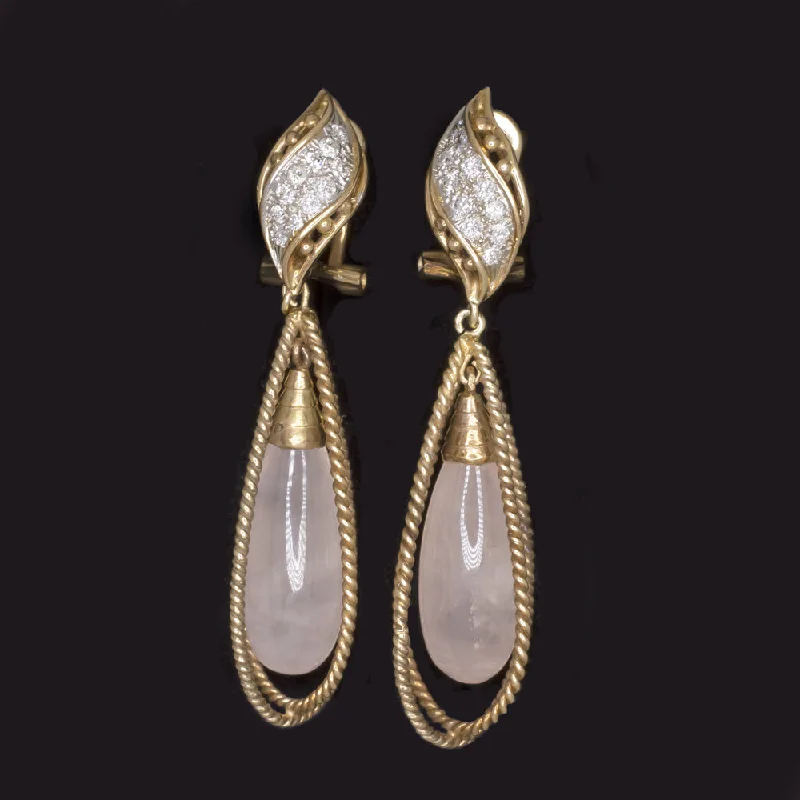 women’s diamond stud earrings-ROSE QUARTZ 0.50ct DIAMOND DROP EARRINGS 14k YELLOW GOLD DANGLE CAGE TEARDROP