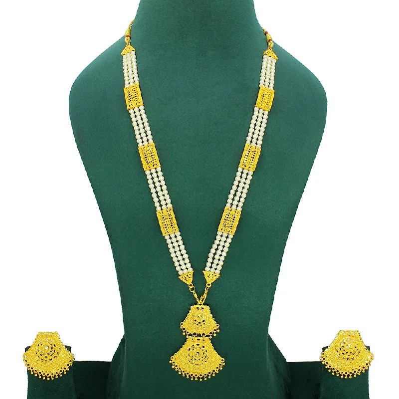 women’s round pendant necklaces-Mahavir Dye Gold Plated Pearl Long Necklace Set