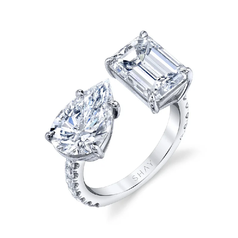 women’s engagement rings-READY TO SHIP DIAMOND EMERALD & PEAR TWIN RING