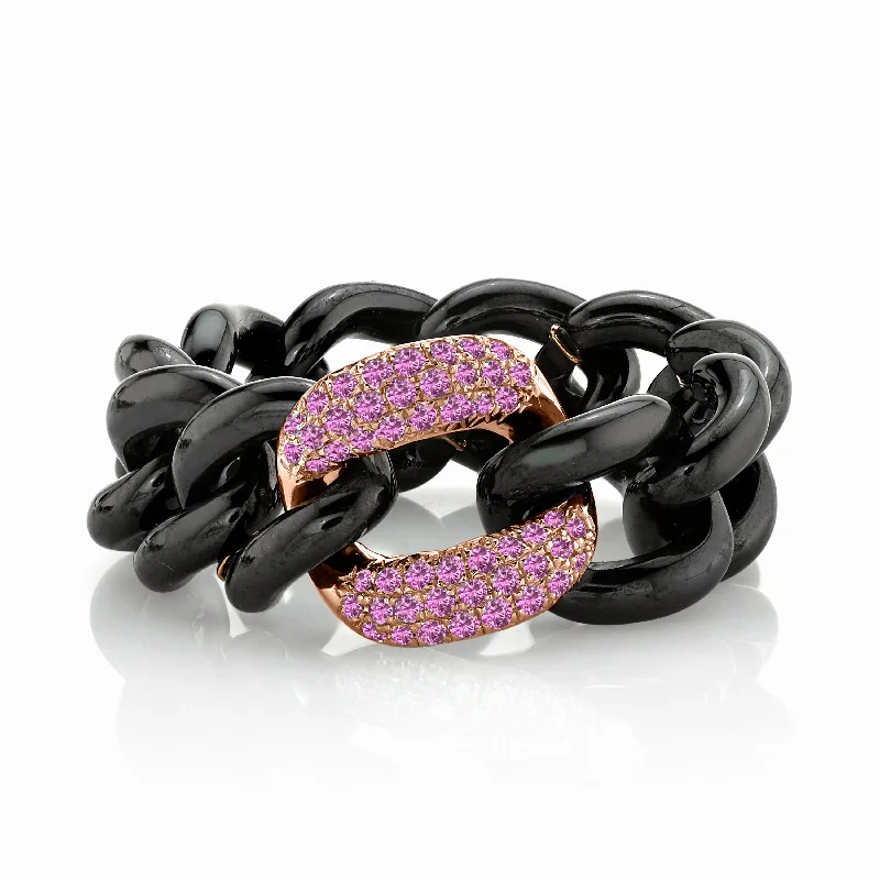 women’s handmade rings-READY TO SHIP PINK SAPPHIRE & BLACK CERAMIC MEDIUM LINK RING