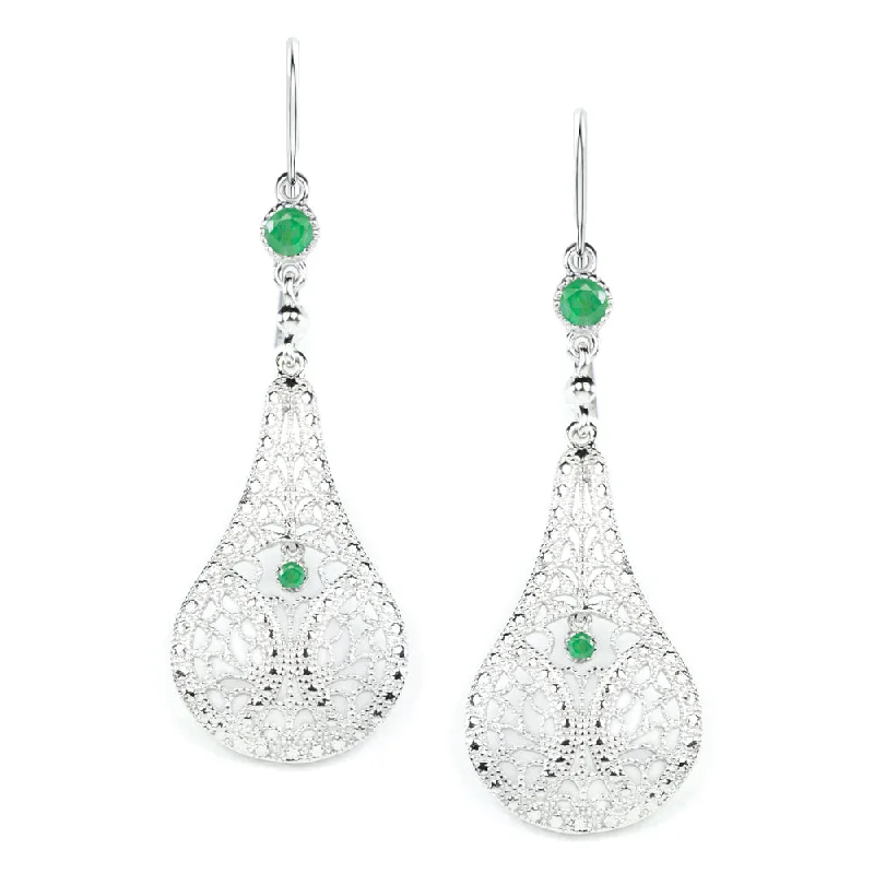 women’s moonstone earrings-EMERALD FILIGREE EARRINGS STERLING SILVER DANGLE TEARDROP VINTAGE STYLE GREEN