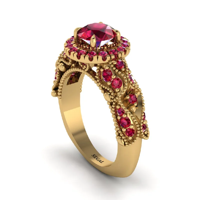 women’s solitaire diamond engagement rings-Exclusive Halo Ruby Milgrain Engagement Ring - Kendra No. 55