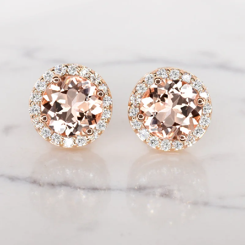 women’s silver stud earrings-NATURAL MORGANITE STUD EARRINGS ROUND CUT 14k ROSE GOLD HALO PEACH PINK CLASSIC