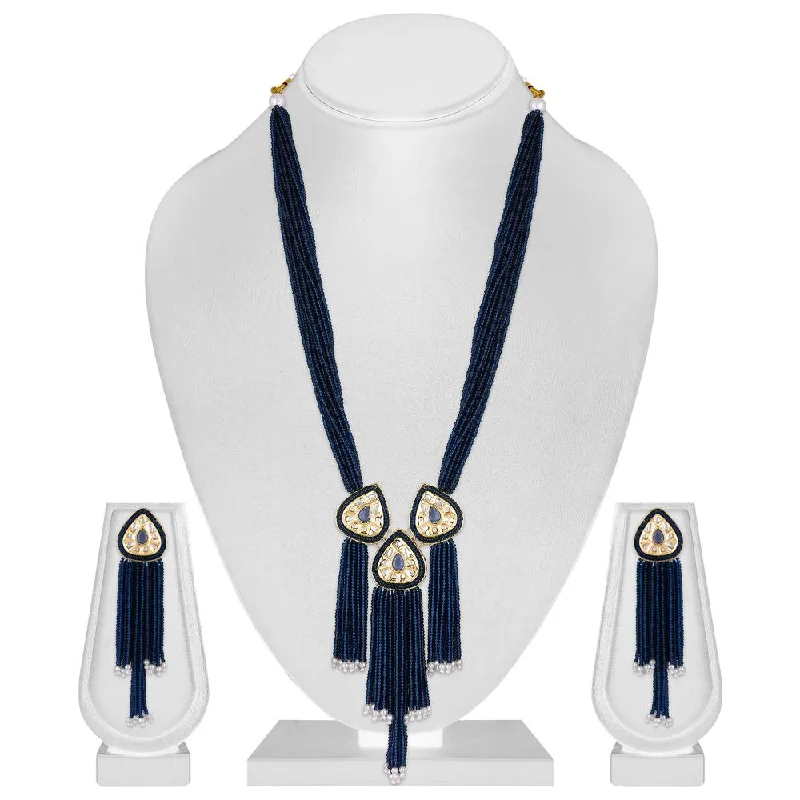 women’s simple pendant necklaces-Mahi Gold Plated Blue Artificial Beads Beaded Necklace and Tassel Dangler Earrings Set for Women (NL1103811GBlu)