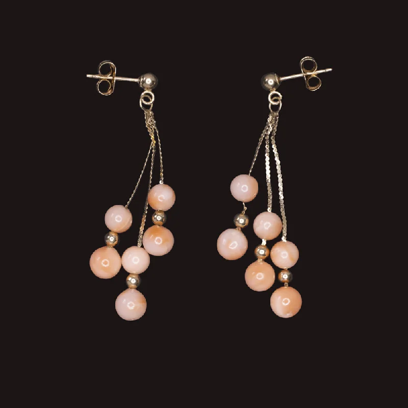 women’s elegant drop earrings-VINTAGE ANGEL SKIN CORAL 14k YELLOW GOLD EARRINGS CHAIN DROP DANGLE BEAD PINK