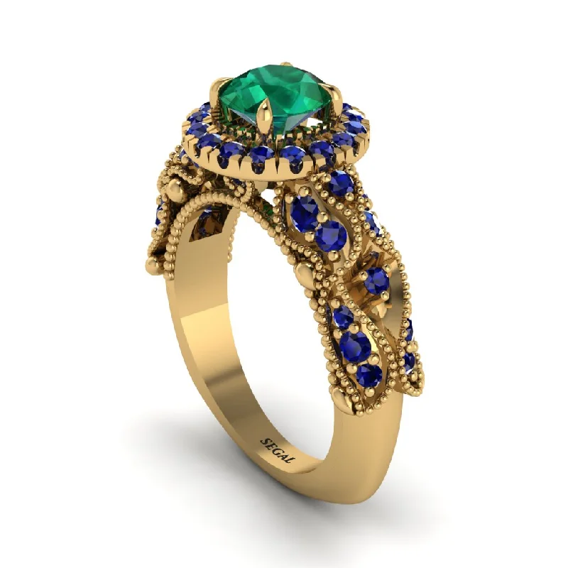 women’s side-stone engagement rings-Exclusive Halo Emerald Milgrain Engagement Ring - Kendra No. 64