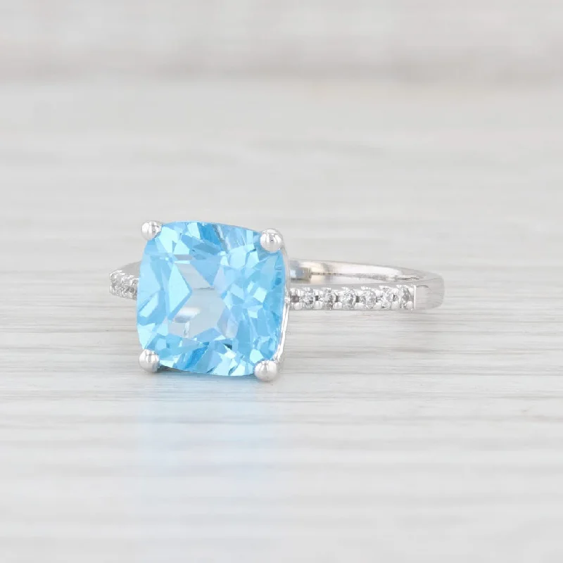 women’s princess cut diamond engagement rings-4.09ctw Blue Topaz Diamond Ring 14k White Gold Size 7.25 Cushion Solitaire