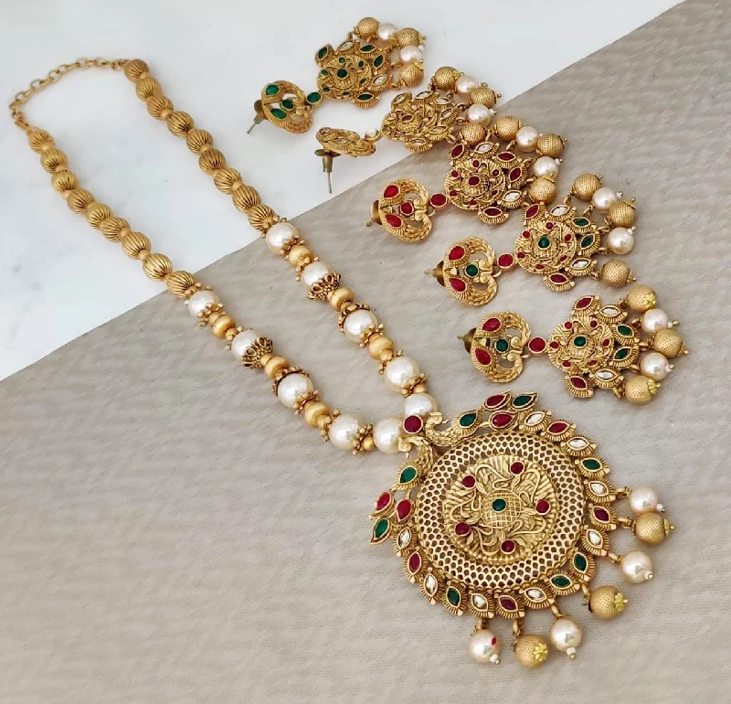 women’s circular pendant necklaces-Rani Sati Jewels Gold Plated Pota Long Necklace Set