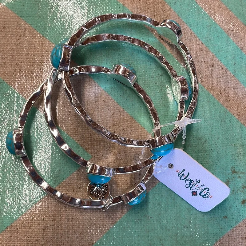 women’s solid gold bracelets-Burnished Silver Bangles  with Turquoise Braclet