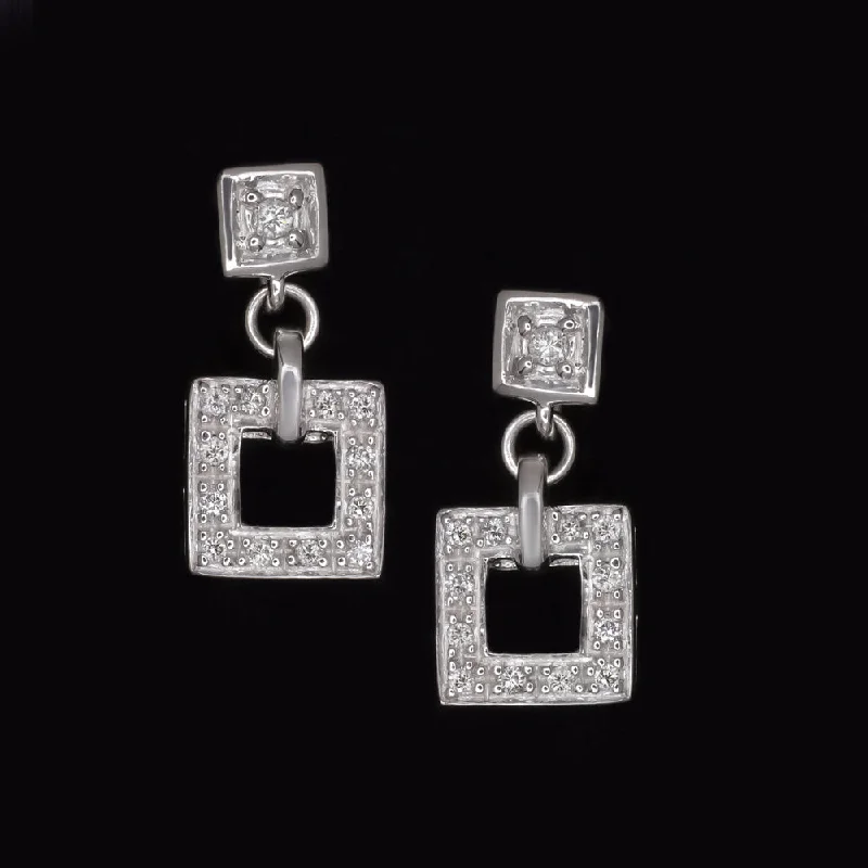 women’s halo earrings-VINTAGE NATURAL DIAMOND DROP EARRINGS PAVE SQUARE DANGLE 14K WHITE GOLD ESTATE