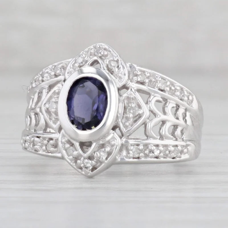 women’s luxurious engagement rings-0.60ctw Oval Iolite Diamond Ring 10k White Gold Size 6.75-7