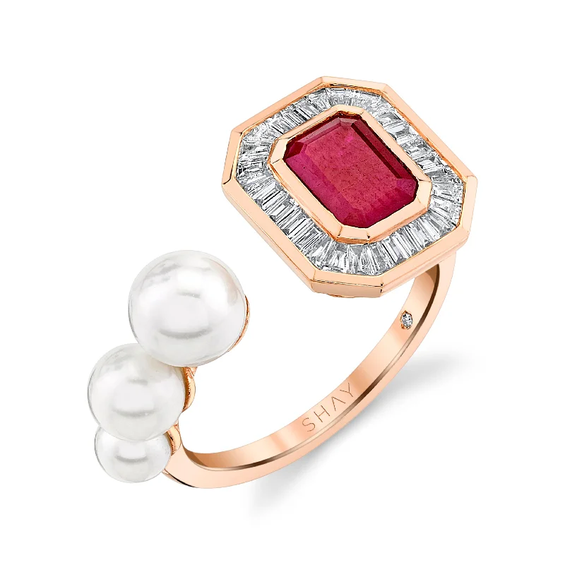 women’s adjustable gemstone rings-READY TO SHIP  RUBY TRIPLE PEARL BAGUETTE FLOATING RING