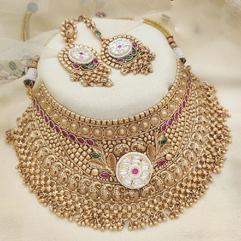 women’s luxury gold necklaces-Jewel Addiction Gold Plated Rajwadi Finish Pota Stone Choker  Necklace Set