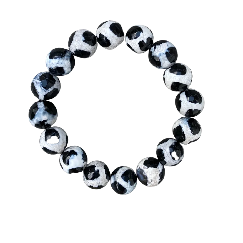 women’s gemstone bracelets-Giraffe Black and White Faceted Agate 12mm Bracelet