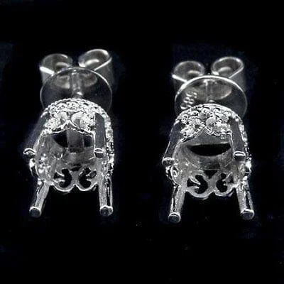 women’s bridal earrings-14K STUD VINTAGE STYLE FILIGREE EARRINGS MOUNTINGS SETTINGS WHITE GOLD 6MM 7MM