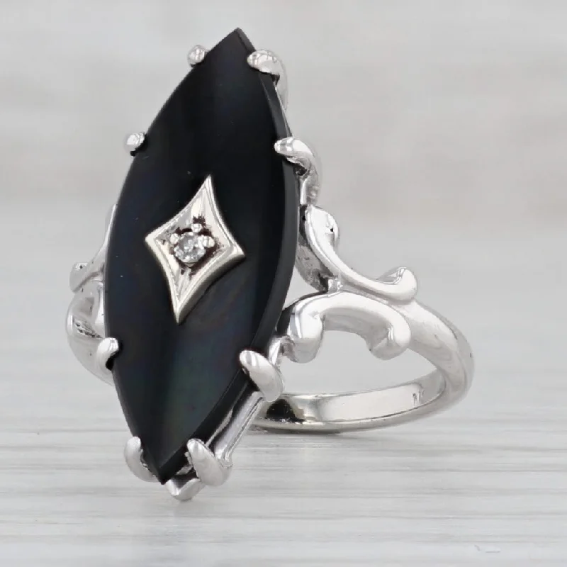 women’s affordable engagement rings-Vintage Onyx Diamond Ring 10k White Gold Signet Size 5.5