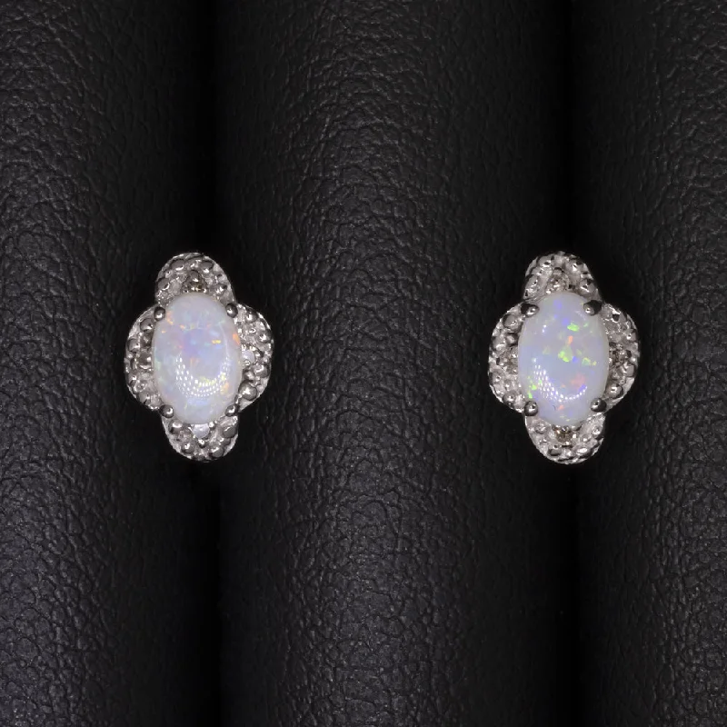 women’s gemstone stud earrings-VINTAGE OPAL DIAMOND STUD EARRINGS 14k WHITE GOLD SCALLOPED HALO NATURAL OVAL