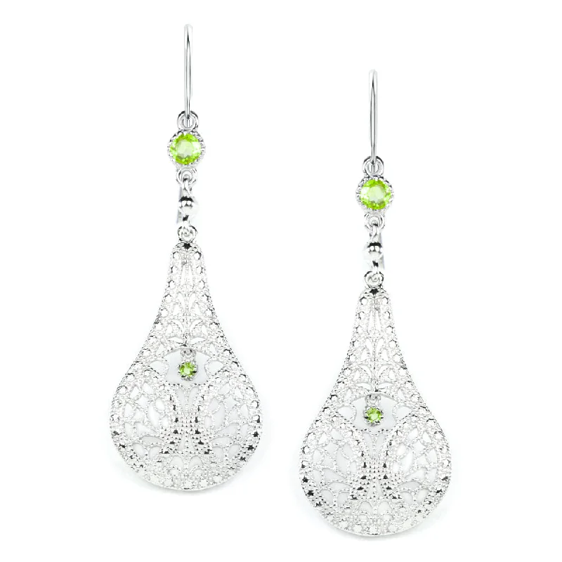 women’s small gold earrings-PERIDOT FILIGREE EARRINGS STERLING SILVER DANGLE TEARDROP VINTAGE STYLE GREEN