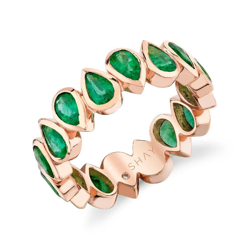 women’s trendy rings-EMERALD PEAR BEZEL ETERNITY BAND