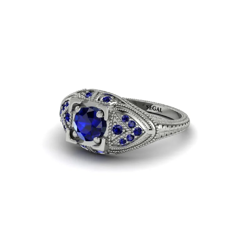 women’s two-tone engagement rings-Round Sapphire Filigree Art Deco Vintage Engagement Ring - Bree No. 75