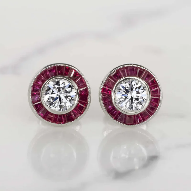 women’s gemstone stud earrings-ART DECO STYLE E-F SI2 DIAMOND RUBY STUD EARRINGS ROUND CUT CALIBRE HALO TARGET