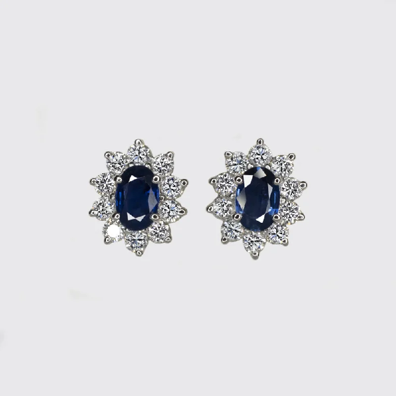 women’s fashion earrings-SAPPHIRE DIAMOND STUD EARRINGS 18k WHITE GOLD OVAL SHAPE HALO NATURAL CLASSIC