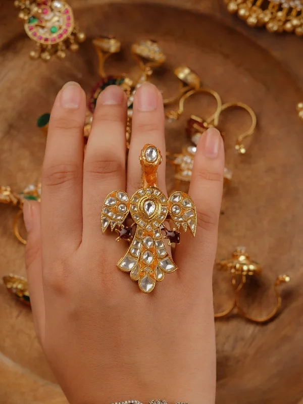 women’s luxurious wedding rings-White Color Gold Plated Jadau Kundan Ring - MRNG91