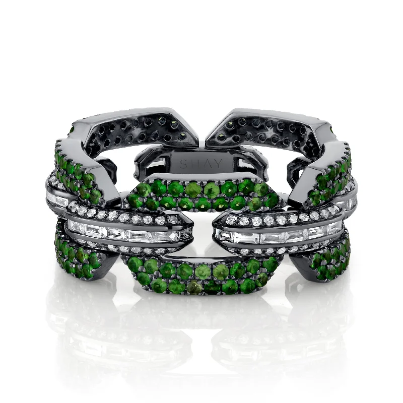 women’s pinky rings-READY TO SHIP MEN'S GREEN GARNET & DIAMOND PAVE GEO LINK RING