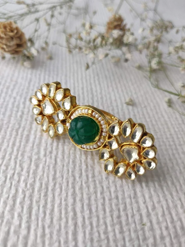 women’s bridal ring sets-Green Color Gold Plated Jadau Kundan Ring - MRNG90YGR