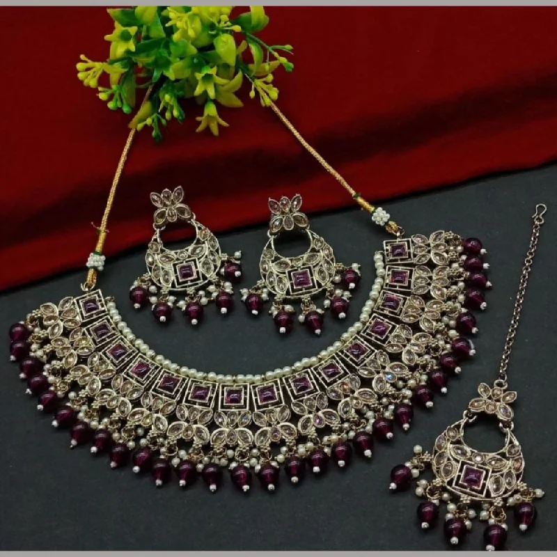 women’s engraved gold necklaces-Anjali Jewellery Gold Plated Kundan Stone And Beads Necklace Set