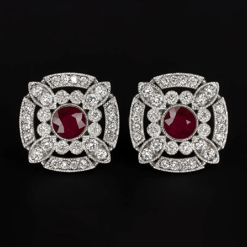 women’s geometric stud earrings-NATURAL RUBY DIAMOND STUD EARRINGS ART DECO VINTAGE STYLE 14k WHITE GOLD RED