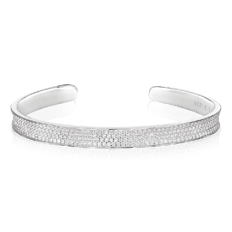 women’s personalized bracelets-Felline Concavo Silver Bangle w. Zirconias