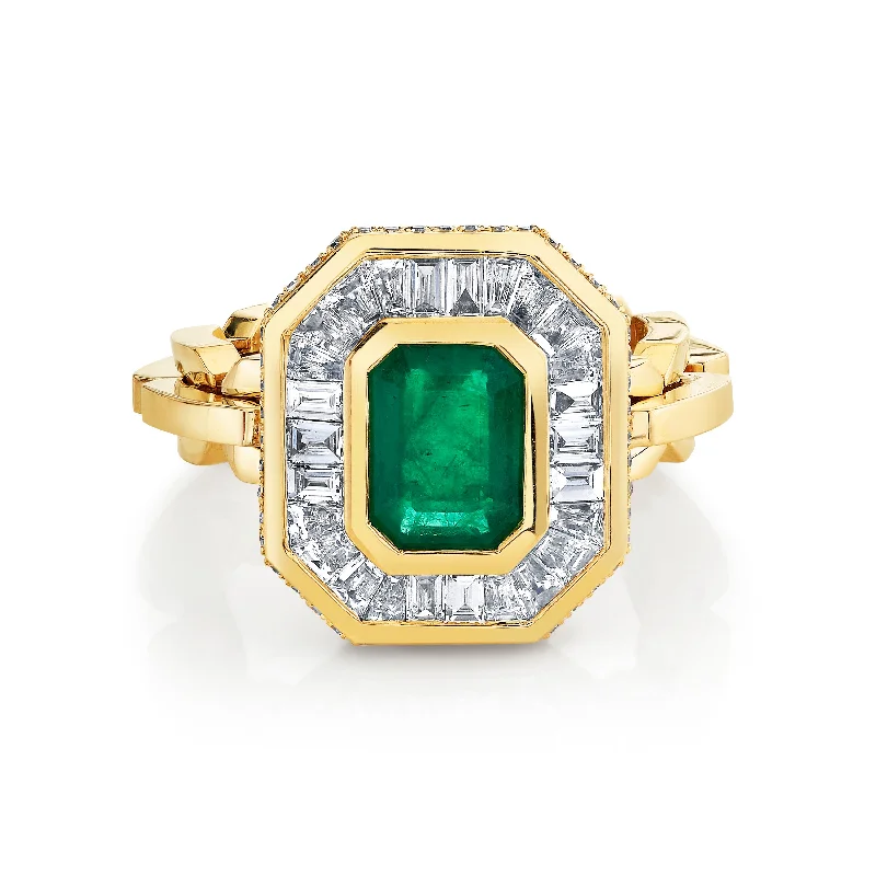 women’s gold rings-READY TO SHIP EMERALD & DIAMOND HALO MINI DECO RING