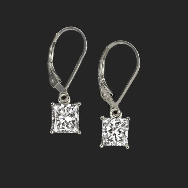 women’s gold statement earrings-DIAMOND DROP EARRINGS 2.13c PRINCESS CUT EARTH MINED LEVERBACK DANGLE WHITE GOLD