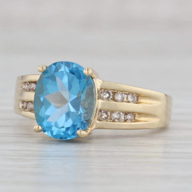 women’s cushion cut engagement rings-3.75ct Oval Blue Topaz Diamond Ring 14k Yellow Gold Size 8.5