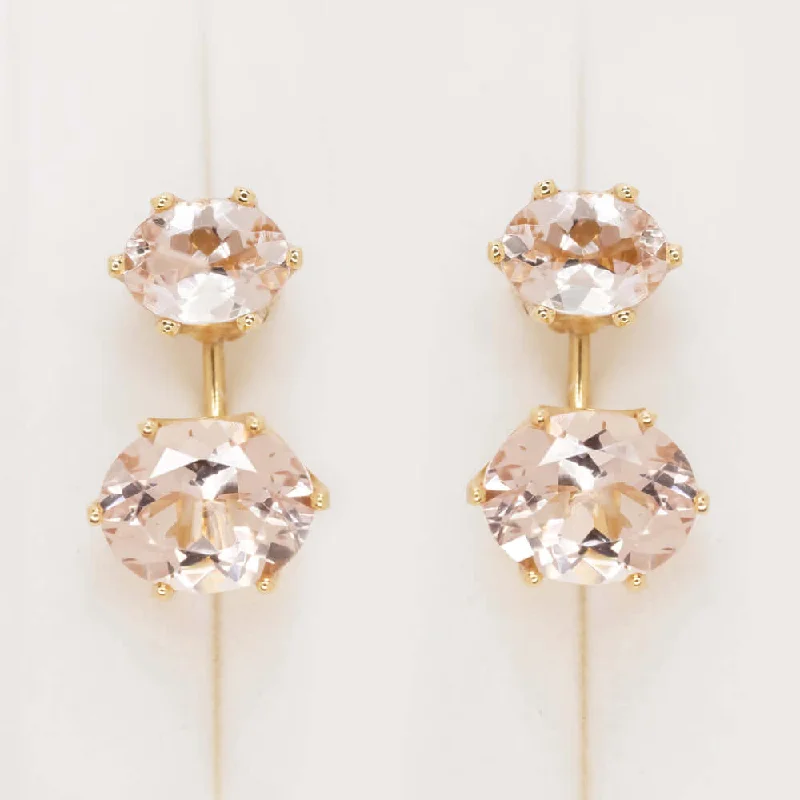 women’s luxury earrings-7 CARAT MORGANITE PEEKABOO EARRINGS OVAL CUT DROP STUD AND JACKET PINK ROSE GOLD