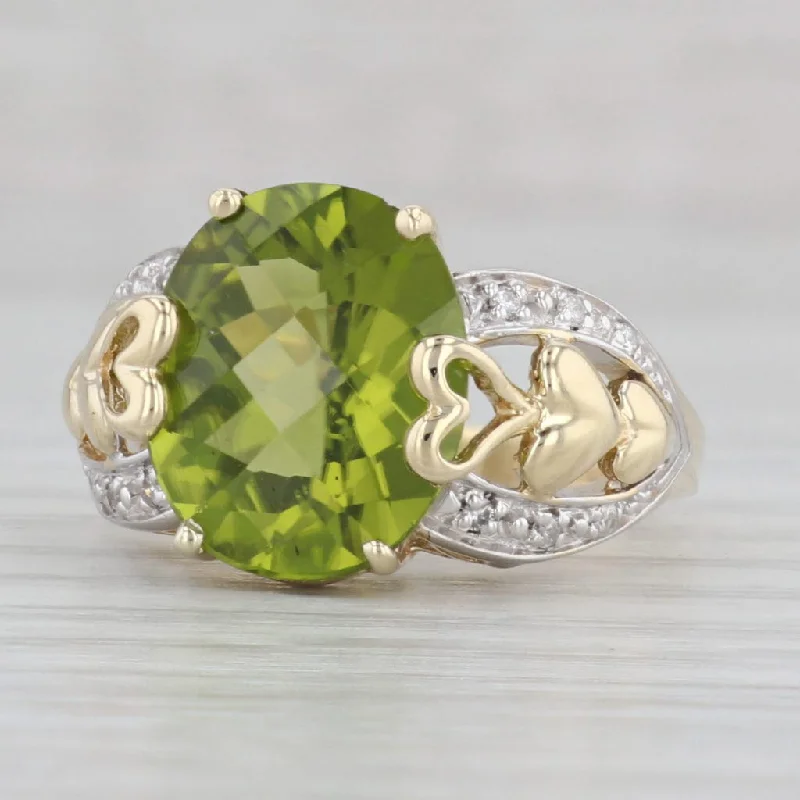 women’s affordable solitaire engagement rings-5.57ctw Oval Peridot Diamond Ring 14k Yellow Gold Sz 7.75 Cocktail Heart Accents