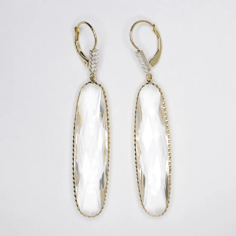 women’s hoop earrings with diamonds-QUARTZ DIAMOND DANGLE EARRINGS 1.5 INCH LONG NATURAL 14k YELLOW GOLD DROP BIG