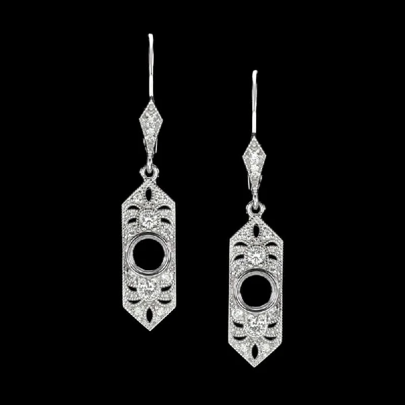 women’s sterling silver earrings-ART DECO STYLE DIAMOND SEMI MOUNT DANGLE EARRINGS 4mm ROUND SETTING VINTAGE DROP