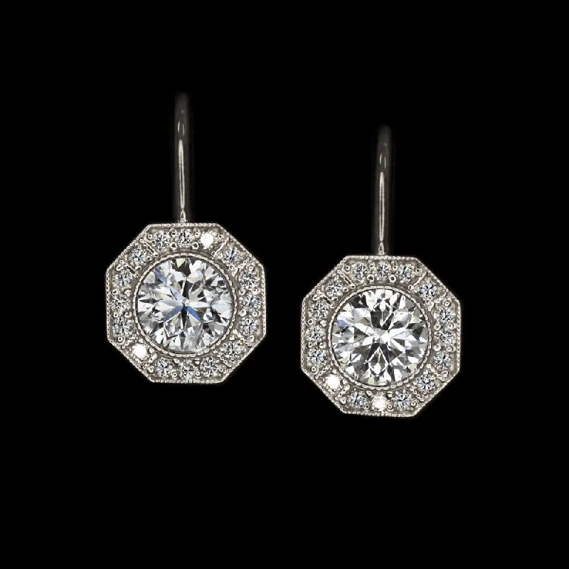 women’s ear cuff earrings-VINTAGE STYLE DIAMOND DROP EARRINGS 1.90ct NATURAL HALO DANGLE WHITE GOLD ROUND