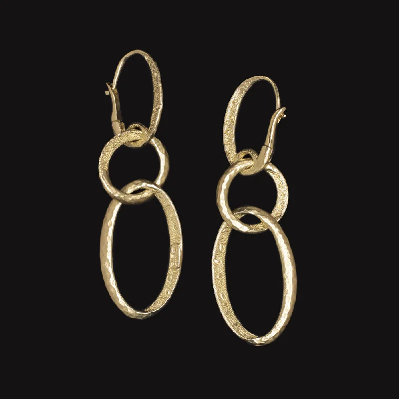 women’s simple silver earrings-18k YELLOW GOLD DANGLE EARRINGS ITALIAN DESIGNER TEXTURE LOOP HAMMER FINISH