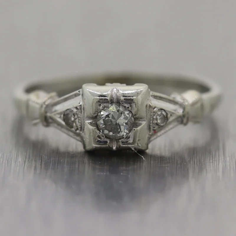 women’s solitaire round engagement rings-1930's Antique Art Deco 18k White Gold 0.14ctw Diamond Ring