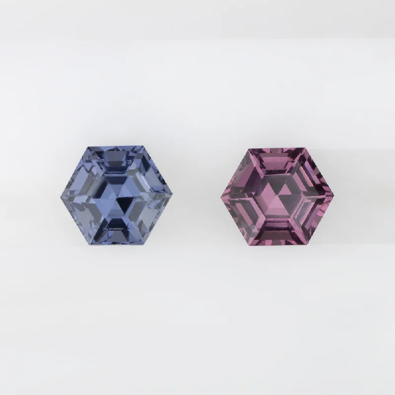 women’s double stud earrings-SPINEL MATCHING PAIR STUD EARRINGS TWO TONE PINK BLUE HEXAGON SHAPE CUT 1.19ct