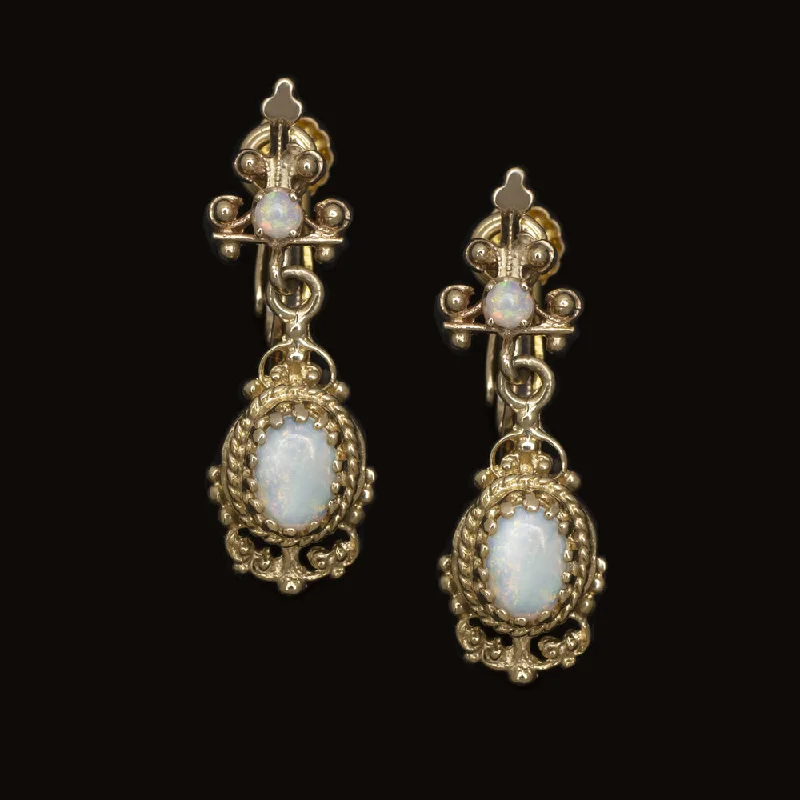 women’s anniversary earrings-VINTAGE OPAL DANGLE EARRINGS 14k YELLOW GOLD DROP ESTATE JEWELRY NATURAL OVAL