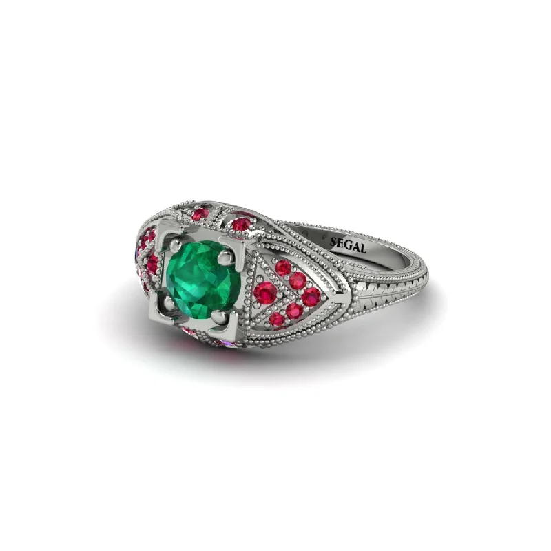 women’s split band engagement rings-Round Emerald Filigree Art Deco Vintage Engagement Ring - Bree No. 51