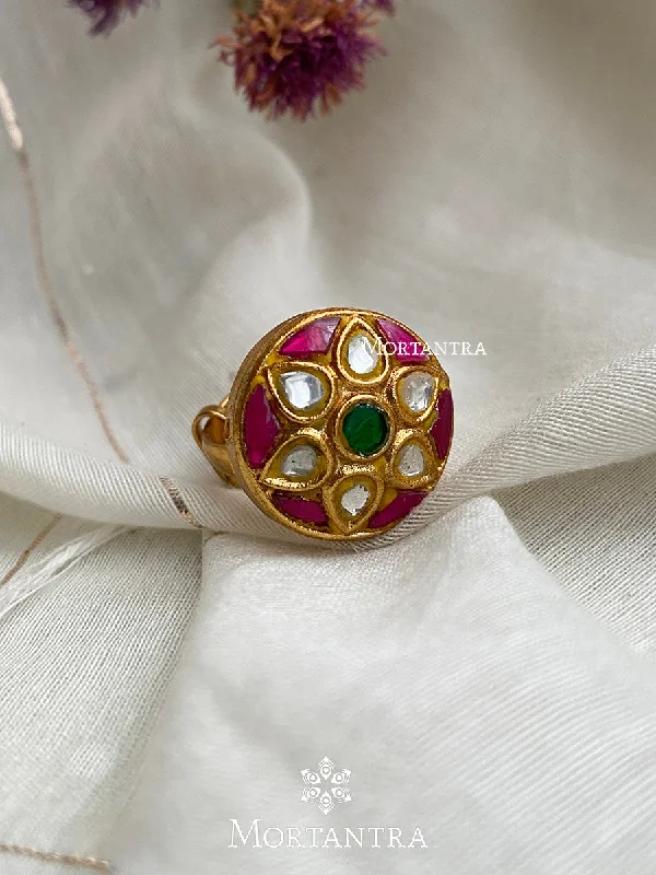 women’s large rings-Multicolor Gold Plated Thappa Jadau Kundan Ring - TJ-R8M