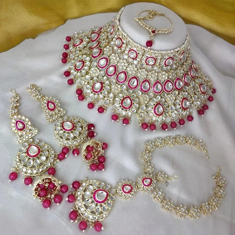 women’s pearl necklaces-Gehana Mahal Gold Plated Kundan Stone Semi Bridal Necklace Set